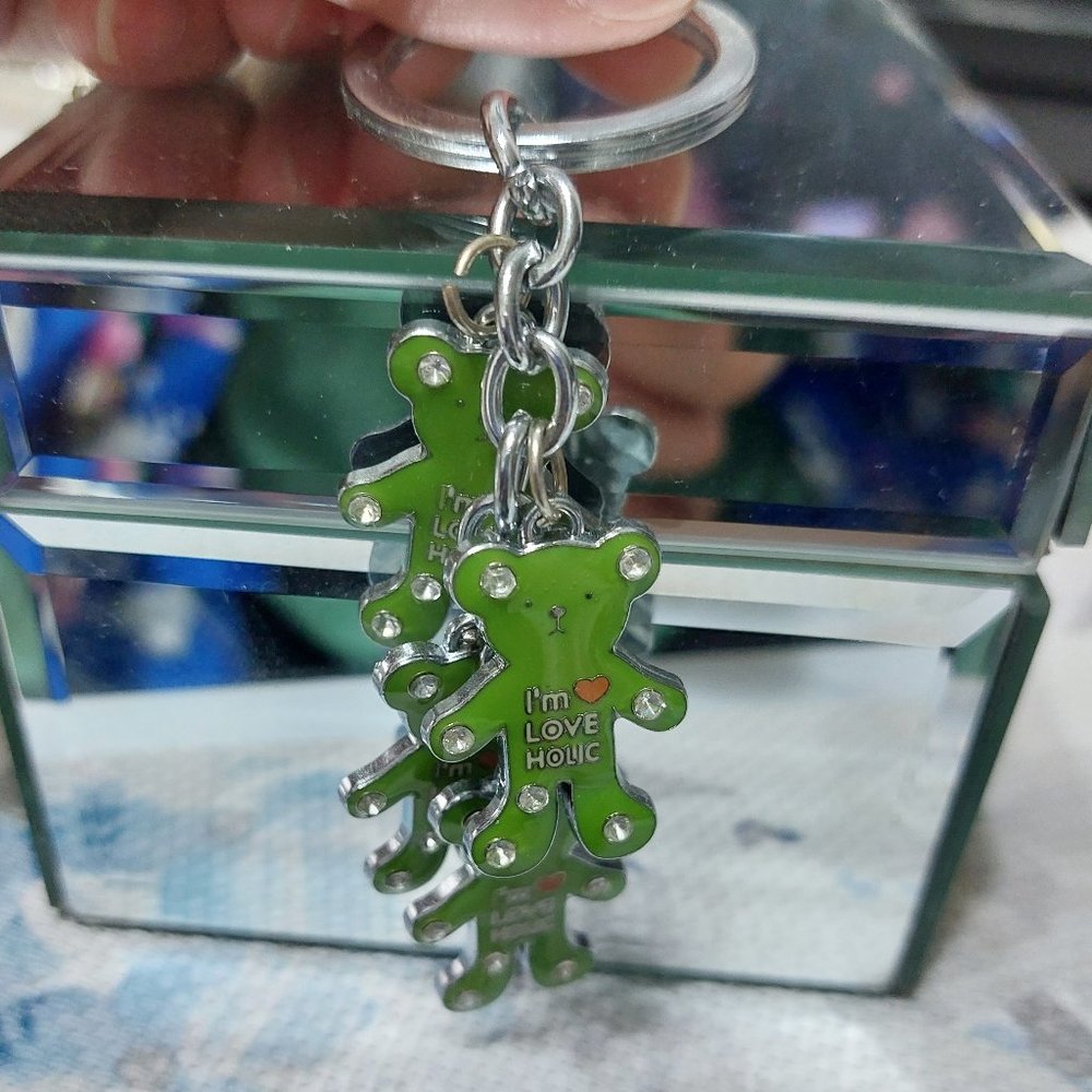 I Am Love Holic Green Keychain 4 Super Cute Bears In Rhinestone